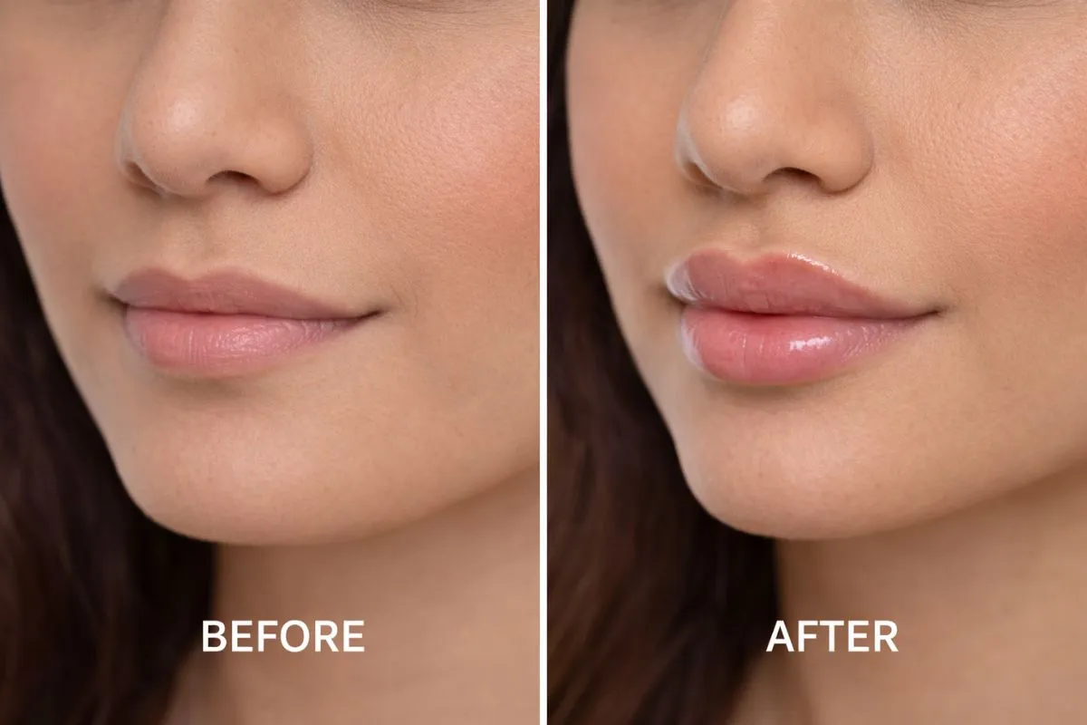 Lip fillers Karachi before and after results showing natural lip enhancement and fuller shape