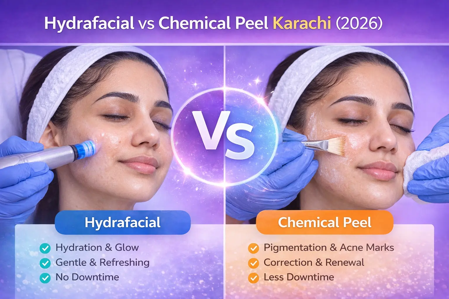 Hydrafacial vs chemical peel Karachi comparison showing hydration vs pigmentation treatment results